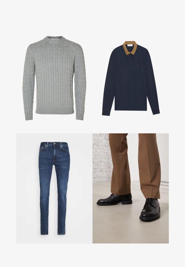 Pull en tricot gris clair avec un motif torsadé, col rond et poignets et ourlet côtelés. Confectionné en tissu doux et texturé.; Polo-shirt à manches longues marine avec un col en velours côtelé beige. Présente un petit logo rouge sur la poitrine, avec une patte de boutonnage et des poignets côtelés.; Jean slim bleu foncé avec bouton et fermeture éclair à l'avant, design à cinq poches et légère décoloration sur les cuisses et les genoux.; Chaussures en cuir noir avec une surface lisse et un bout arrondi, dotées d'un système de laçage et d'une semelle plate et basse. Associées à un pantalon marron.