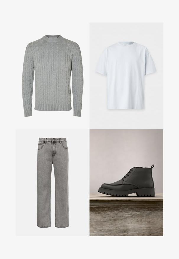Suéter de punto gris claro con diseño de cable, cuello redondo y puños y dobladillo acanalados. Hecho de tela suave y texturizada.; Camiseta blanca lisa de manga corta y cuello redondo, colocada plana sobre un fondo blanco.; Vaqueros de mezclilla gris de pierna recta con botón y cremallera delanteros, bolsillos delanteros y traseros, y costuras visibles.; Bota negra de cuero hasta el tobillo con punta redondeada, cordones y una suela gruesa y robusta con profundos surcos. Elevada sobre una superficie de madera.
