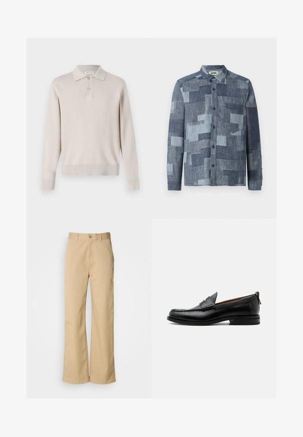 Lichtbeige poloshirt met lange mouwen, gemaakt van zachte stof. Voorzien van een kraag, een drieknoopsluiting en ribgebreide manchetten en zoom.; DRYKORN DIEGGO - Overhemd - blue; Beige, wijde broek gemaakt van een katoenmix. Voorzien van een knoopsluiting en riemlussen. Soepele textuur, met minimale stikseldetails.; Zwarte leren herensloffen met moc toe stiksel, pennyriem, gestructureerde kraag en lage gestapelde hak op witte achtergrond.