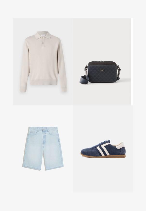 Lichtbeige poloshirt met lange mouwen, gemaakt van zachte stof. Voorzien van een kraag, een drieknoopsluiting en ribgebreide manchetten en zoom.; Lichtblauwe spijkershorts met knoopsluiting en ritssluiting aan de voorkant, riemlussen en vijf zakken, plat uitgestald op een witte achtergrond.; Blauwe suède sneaker met witte leren strepen, beige hiel, gumzool en blauwe veters, zijaanzicht op witte achtergrond.; Rechthoekige donkerblauwe crossbodytas met verstelbare riem, ritssluiting en subtiel logopatroon op het voorpaneel.