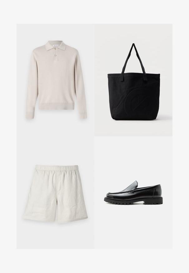 Lys beige langærmet polo skjorte lavet af blødt materiale. Har krave, tre-knaps lukning og ribbede manchetter og kant.; Lysbeige linnedshorts med elastisk talje, der har en afslappet pasform og minimale sømme for et simpelt, afslappet design.; Sort læderloafer med chunky gummisål, syet overdel og præget mærkenavn på hælen, vist i sideprofil på hvid baggrund.; Sort canvas-tote-taske med to skulderstropper og et diskret præget cirkeldesign på fronten.
