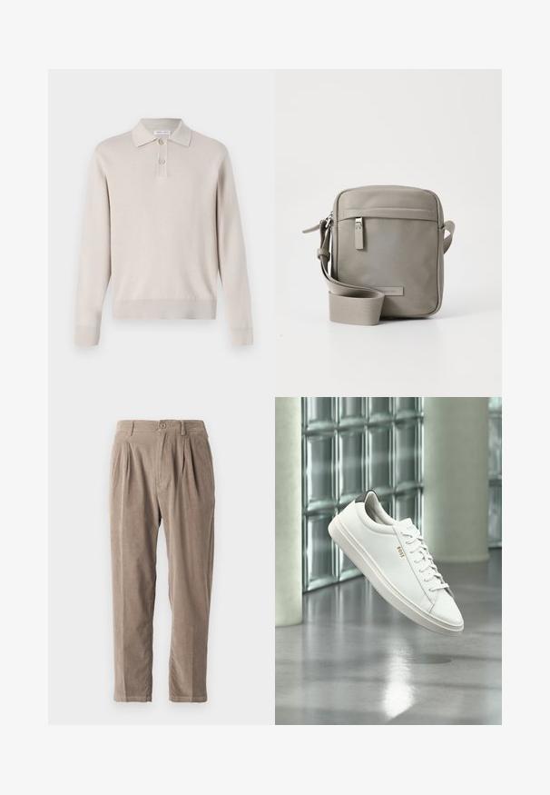 Polo de manga larga color beige claro hecho de material suave. Cuenta con un cuello, una tapeta de tres botones y puños y dobladillo acanalados.; Pantalones de pana beige con un ajuste relajado, que cuentan con pliegues, cierre de botón y bolsillos laterales, superficie texturizada y diseño de pierna cónica.; Zapatilla deportiva de piel blanca de corte bajo con cordones, lengüeta negra en el talón y logo "BOSS", flotando en interiores cerca de una pared de bloques de vidrio y suelo pulido.; Bolso cruzado gris con una textura suave, forma rectangular, correa ajustable, bolsillo con cremallera en la parte frontal y un logotipo de marca sutil en la parte delantera.