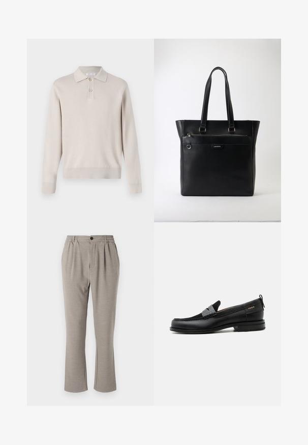 Polo de manga larga color beige claro hecho de material suave. Cuenta con un cuello, una tapeta de tres botones y puños y dobladillo acanalados.; Pantalones gris claro de corte relajado, hechos de una tela suave, con una cintura elástica, pinzas y un cierre de un solo botón.; Mocasín de cuero negro con detalle de tira gris, tacón bajo y suela texturizada, con la marca "HUGO" en oro en el lateral.; Bolso tote de piel negra texturizada con dos asas, bolsillo delantero con cremallera, anilla de metal y logo de Lacoste sobre fondo blanco.