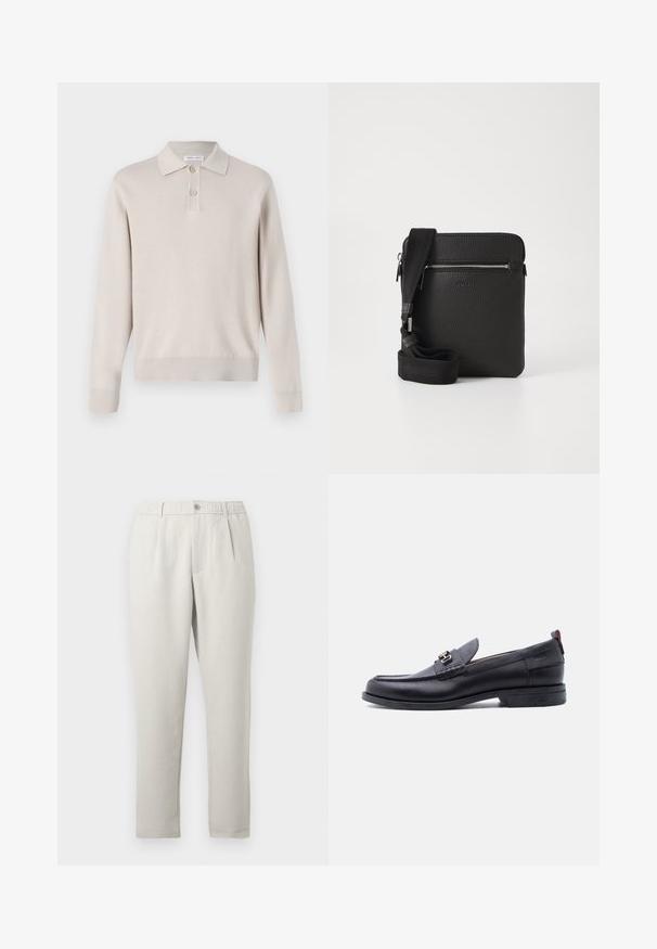Lys beige langærmet polo skjorte lavet af blødt materiale. Har krave, tre-knaps lukning og ribbede manchetter og kant.; Lyse beige bukser med løs pasform og let skær, med elastisk talje, forlommer og et taperet ben design.; Sort lædermokasin med grå tekstureret forfod, sølvfarvet metalspænde, lav hæl og trækflap bagpå.; Sort læder crossbody taske med en tekstureret overflade, lynlåslomme foran og en justerbar stofrem. Enkel firkantet design.