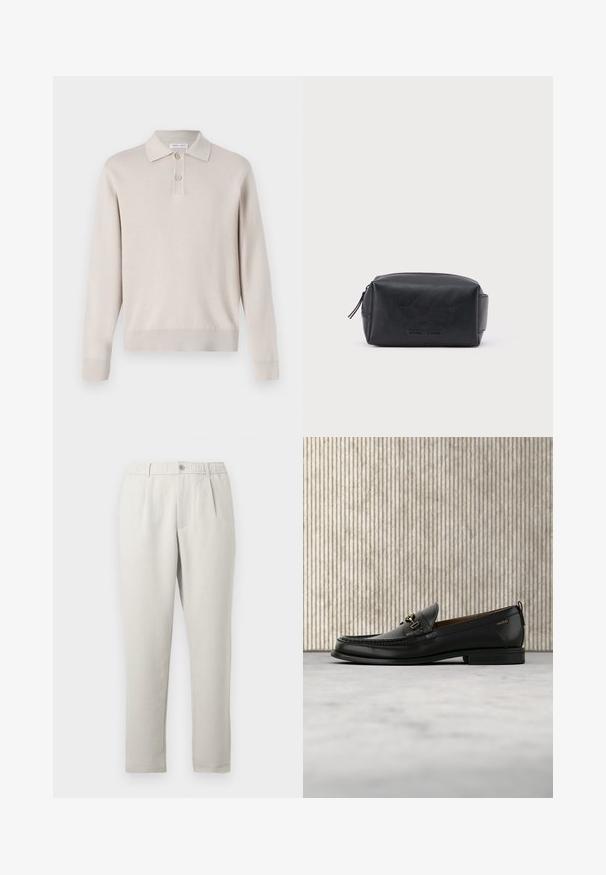 Polo de manga larga color beige claro hecho de material suave. Cuenta con un cuello, una tapeta de tres botones y puños y dobladillo acanalados.; Pantalones de corte relajado en beige claro con un ligero brillo, que cuentan con una cintura elástica, bolsillos frontales y un diseño de pierna estrechada.; Mocasín de cuero negro con pieza metálica dorada y logotipo "HUGO", exhibido sobre una alfombra beige y muebles translúcidos marrones.; Bolsa de aseo rectangular de cuero negro con cremallera y nombre de marca en relieve en la parte frontal, sobre un fondo blanco liso.