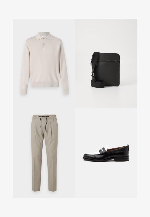 Lys beige langærmet polo skjorte lavet af blødt materiale. Har krave, tre-knaps lukning og ribbede manchetter og kant.; Lyse beige bukser med en tilpasset pasform, elastisk talje og sort snor. Materialet har en subtil tekstur og detaljer med folder.; Sort-hvid læderloafer med syning, lav hæl og slip-on design, vist fra siden på en ensfarvet baggrund.; Sort læder crossbody taske med en tekstureret overflade, lynlåslomme foran og en justerbar stofrem. Enkel firkantet design.