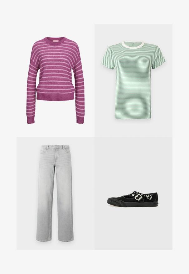 Lyserød og hvid stribet striktrøje med rund halsudskæring, sænkede skuldre og ribbede manchetter og kant. Blød tekstur, cropped pasform.; T-shirt med korte ærmer og rund hals, med tynde horisontale grønne og hvide striber samt en hvid krave.; Lysegrå brede jeans lavet af denim. Har fem lommer, knaplukning og en subtil falmet struktur for et slidt udseende.; Vans MARY JANE - Ballerinasko - black