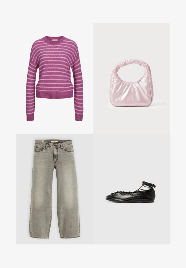 Lyserød og hvid stribet striktrøje med rund halsudskæring, sænkede skuldre og ribbede manchetter og kant. Blød tekstur, cropped pasform.; Lys grå, bredbenede jeans lavet af denim. Har traditionel fem-lomme stil og let falmning gennem stoffet.; Sorte balletflade sko i laklæder med rundet tå, snørelukning og flad sål. Glat tekstur med få detaljer.; Rosa, polstret håndtaske med afrundet design, lavet af skinnende materiale. Har et samlet håndtag og en lynlås til sikker adgang.