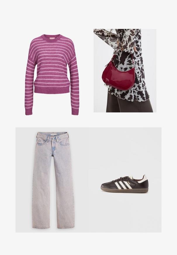 Lyserød og hvid stribet striktrøje med rund halsudskæring, sænkede skuldre og ribbede manchetter og kant. Blød tekstur, cropped pasform.; Lyseblå denimjeans med lige ben, der har et fem-lommer design, dobbeltknaplukning og minimal falmen.; Mørkebrune lædersneakers med hvidt tre-stribet design, en gummisål og "Samba" i gyldne bogstaver på siden. Klassisk lavtopform.; Kvinde iført en sort- og hvidmønstret bluse, der holder en blank rød skuldertaske mod en ensfarvet baggrund.