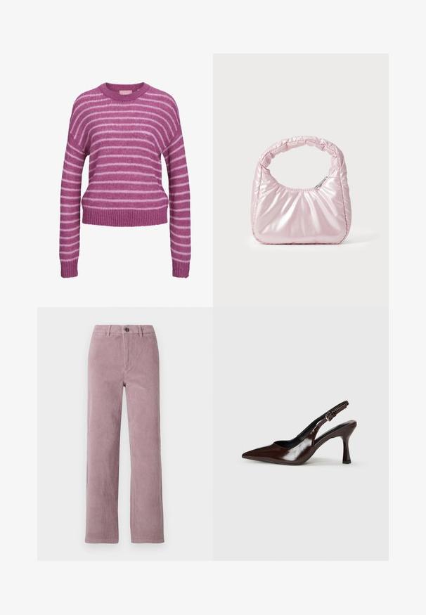 Lyserød og hvid stribet striktrøje med rund halsudskæring, sænkede skuldre og ribbede manchetter og kant. Blød tekstur, cropped pasform.; Corduroy bukser i lys mauve med lige ben. Har en frontlukning med knap og vertikal ribbet tekstur.; Brune patenterede læderslingback-sandaletter med spids tå, en tynd hæl og justerbar rem med en lille spænde.; Rosa, polstret håndtaske med afrundet design, lavet af skinnende materiale. Har et samlet håndtag og en lynlås til sikker adgang.