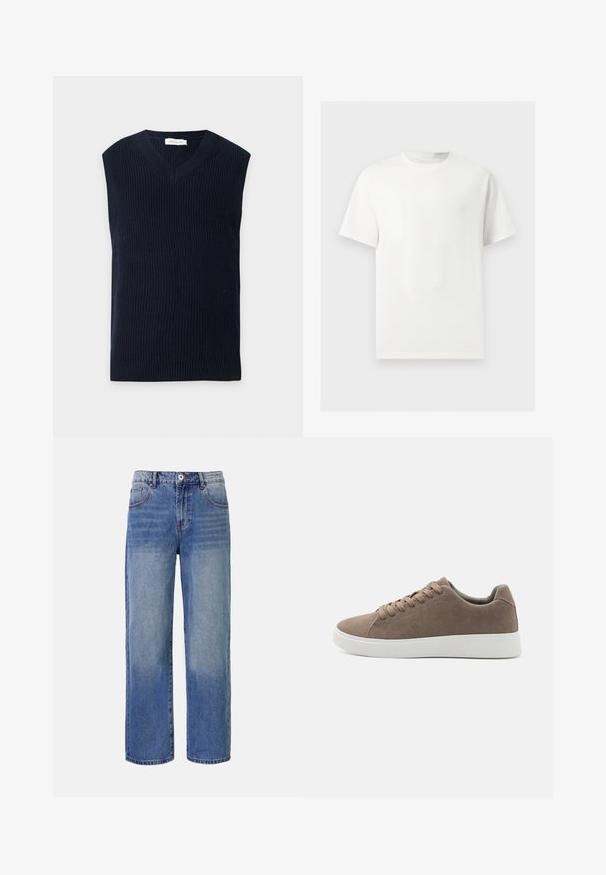 Veste sans manches en tricot bleu marine avec col en V et ourlet côtelé, exposée sur un fond clair uni.; T-shirt blanc uni à manches courtes et col rond présenté sur un fond gris clair.; Jeans en denim bleu clair à jambes larges avec un motif délavé, cinq poches et une fermeture à glissière. Comprend un bouton et des passants de ceinture à la taille.; Baskets en daim marron avec des semelles en caoutchouc blanc plat, design lacé, bout rond et texture lisse. Style minimaliste avec des détails de couture subtils.