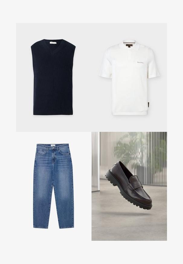 Veste sans manches en tricot bleu marine avec col en V et ourlet côtelé, exposée sur un fond clair uni.; Polo blanc à manches courtes avec deux boutons et le logo "Marc O’Polo" brodé sur la poitrine gauche.; Jean en denim bleu avec une taille haute, une coupe droite et une finition délavée. Comprend cinq poches et une fermeture à bouton.; Chaussure à enfiler en cuir marron avec un bout rond et une semelle en caoutchouc noire robuste. Présente une bride décorative traversant le coup de pied.