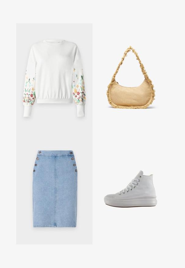 Sweatshirt blanc à col rond et poignets côtelés, orné de broderies florales colorées le long des manches dans diverses teintes.; Jupe en denim de couleur bleu clair, silhouette ajustée, avec une couture frontale et cinq boutons marron sur le côté gauche pour le détail. Texture lisse.; Baskets montantes en toile blanche avec lacets blancs, œillets métalliques, semelle épaisse en caoutchouc et bout texturé, orientées vers la gauche sur fond blanc.; Sac beige texturé de forme arrondie, avec un bord effiloché tout le long des bords et une courte sangle pour le porter. Ouverture zippée en haut.
