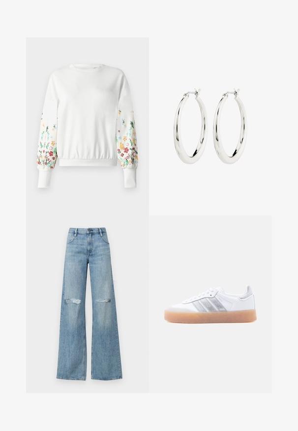 Weißes Sweatshirt mit rundem Ausschnitt und gerippten Bündchen, das farbenfrohe Blumenstickerei an den Ärmeln in verschiedenen Farbtönen aufweist.; Hellblaue, hochtaillierte, weit geschnittene Jeans mit aufgerissenen Knien, klassischem Fünf-Taschen-Design und einem Reißverschluss mit Knopfverschluss.; Weißer Sneaker in niedrigem Schnitt mit brauner Sohle, seitlichen silbernen Streifenakzenten und Schnürverschluss, dargestellt vor hellem einfarbigem Hintergrund.; Silberne Creolen mit einer glatten, glänzenden Oberfläche. Kreisform, ausgestattet mit einem sicheren Verschluss. Einfaches und elegantes Design.