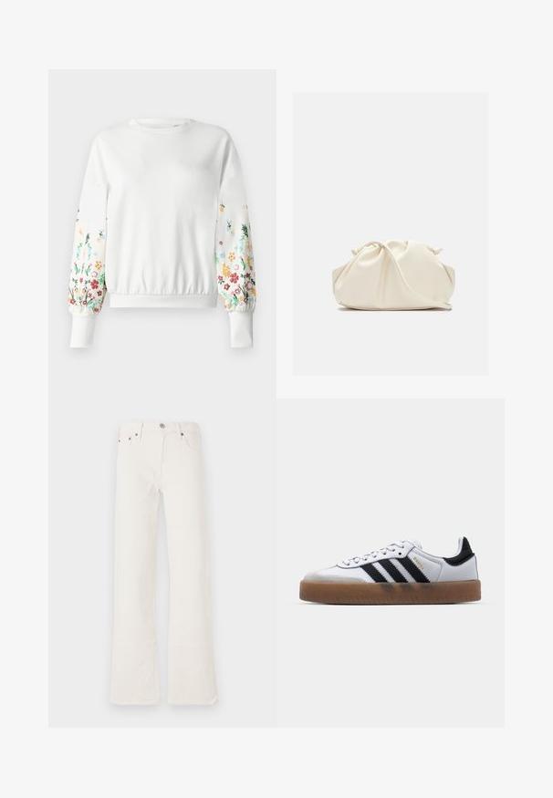 Weißes Sweatshirt mit rundem Ausschnitt und gerippten Bündchen, das farbenfrohe Blumenstickerei an den Ärmeln in verschiedenen Farbtönen aufweist.; Weiße ausgestellte Jeans aus Denim, mit hoher Taille, fünf Taschen und doppelt genähten Nähten, ergänzt durch Hardware-Akzente in Kupferfarbe.; Weiße Leder Sneakers mit schwarzen Streifen, Gummigummi-Außensohle, runder Zehenform, Schnürverschluss und weichem grauem Wildleder-Zehenkappe.; Weiche, cremefarbene Leder-Clutch mit gerafftem Design und einem dünnen Schulterriemen, der vorne auf einem schlichten Hintergrund liegt.