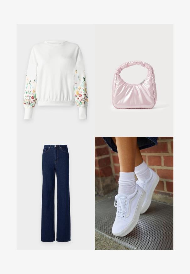 Weißes Sweatshirt mit rundem Ausschnitt und gerippten Bündchen, das farbenfrohe Blumenstickerei an den Ärmeln in verschiedenen Farbtönen aufweist.; Dunkelblaue Denim-Jeans mit hoher Taille, weitem Bein und klassischem Fünf-Taschen-Design. Abgerundet mit kontrastierenden Nähten und einem Metallknopf.; Weiße Leinensneaker mit Gummisohlen, ausgestattet mit sechs Ösen, runder Zehenpartie und dezenten Nähten, kombiniert mit weißen Knöchelsocken.; Rosa, gepolsterte Handtasche mit abgerundeter Form, aus glänzendem Material gefertigt. Verfügt über einen gerafften Griff und einen Reißverschluss für sicheren Zugang.