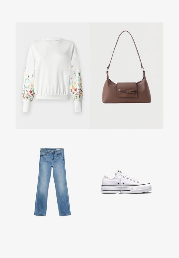 Witte sweatshirt met ronde halslijn en ribgebreide manchetten, voorzien van kleurrijke bloemembroidered langs de mouwen in verschillende tinten.; Lichtblauwe denim jeans met een klassiek vijf-pocket ontwerp, knoop- en ritssluiting, en rechte pijpen.; Witte lage canvas sneaker met witte veters, zwarte strepen op de zool en een rubberen, getextureerde neuskap, zijaanzicht op een witte achtergrond.; Bruine leren schoudertas met een voorvak met klep en een gestikte strikdetail en een verstelbare band.