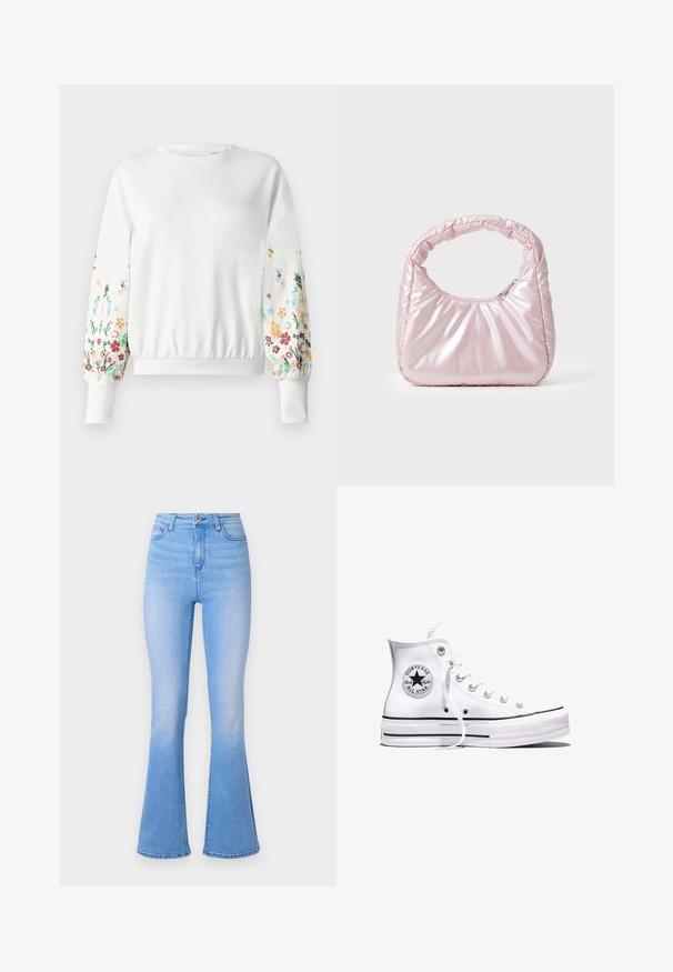 Hvid sweatshirt med rund halsudskæring og ribstrikkede manchetter, der har farverig blomsterbroderi langs ærmerne i forskellige nuancer.; Lyseblå flared jeans med høj talje, lavet af denim. Har en glat tekstur og en subtil falmende effekt mod kanten. Klassisk fem-lomme design.; Hvid Converse Chuck Taylor All Star højt snøresko med sorte striber og logoemblem på siden, vist mod en ensfarvet hvid baggrund.; Rosa, polstret håndtaske med afrundet design, lavet af skinnende materiale. Har et samlet håndtag og en lynlås til sikker adgang.