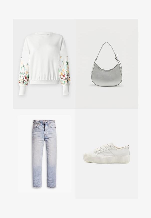 Hvid sweatshirt med rund halsudskæring og ribstrikkede manchetter, der har farverig blomsterbroderi langs ærmerne i forskellige nuancer.; Lyseblå denimjeans med lige ben, der har en knaplukning, fem lommer og en diskret falmning langs benene.; Hvide lærreds sneakers med en struktureret gummisål, rund tå og snørebåndsdesign, der har tre sidelinjer.; Sølv faux læder håndtaske med en buet form, kort justerbar strop og glat overflade, præget af minimal syning.
