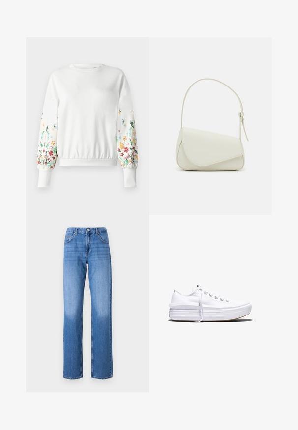 Λευκή φούτερ μπλούζα με στρογγυλή λαιμόκοψη και ριβέ κοψίματα, διακοσμημένη με πολύχρωμες κεντητές ανθοσύνθετες λεπτομέρειες κατά μήκος των μανικιών σε διάφορες αποχρώσεις.; Ανοιχτό μπλε τζιν παντελόνι με ψηλή μέση, ίσιο σχέδιο ποδιών και ξεθωριασμένα σημεία. Διαθέτει κανονικές μπροστινές τσέπες και κλείσιμο με κουμπί.; Λευκό καμβαδένιο αθλητικό παπούτσι χαμηλού προφίλ με παχιά σόλα τύπου πλατφόρμας, δέσιμο με κορδόνια μπροστά και λαστιχένιο καπάκι δακτύλων με υφή, απεικονίζεται σε πλευρικό προφίλ.; Λευκή τσάντα από συνθετικό δέρμα με δομημένο τριγωνικό σχήμα, μονή ρυθμιζόμενη λαβή και κλείσιμο με καπάκι που τονίζει τις καμπύλες.