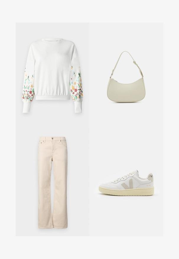 Hvid sweatshirt med rund halsudskæring og ribstrikkede manchetter, der har farverig blomsterbroderi langs ærmerne i forskellige nuancer.; Beige vidde jeans med et klassisk fem-lomme design, der har knap- og lynlåslukning samt blødt, tekstureret bomuldsstof.; Hvide lærreds sneakers med beige ruskindsdetaljer, perforeret tåboks, flade snørebånd og en struktureret cremefarvet sål. Har diskret branding på hælen.; Pieces PCALUANA SHOULDER BAG - Håndtasker - birch