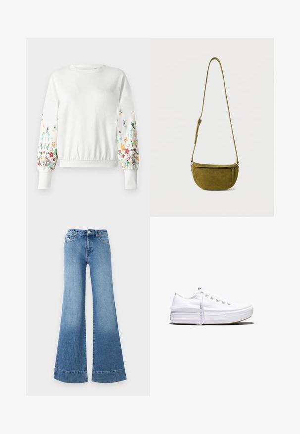 Weißes Sweatshirt mit rundem Ausschnitt und gerippten Bündchen, das farbenfrohe Blumenstickerei an den Ärmeln in verschiedenen Farbtönen aufweist.; Helle blaue Denim-Jeans mit weitem Bein, hoher Taille und leichter Ausbleichung. Verfügt über klassisches Fünf-Taschen-Design und Metallknopfverschluss.; Weißer Canvas-Sneaker mit niedrigem Schnitt, dicker Plateau-Sohle, vorderer Schnürung und rauer Gummikappe an der Spitze, aus seitlicher Ansicht gezeigt.; Olivgrüne Wildleder-Umhängetasche mit verstellbarem Riemen und Reißverschlusstasche vorne vor einfachem weißem Hintergrund.