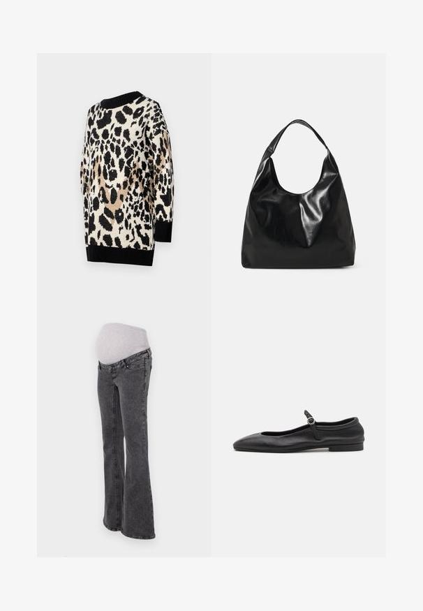 Leopardprint sweater i neutrale nuancer af sort, beige og creme. Har en rund halsudskæring og ribbede sorte manchetter og kant.; Graviditetsjeans med en tætsiddende grå strækbund, flared ben og en mørkegrå denimfinish, der har standard syninger og lommer.; Sorte læder balletflade med en rund tå, smal vamp og en lille ankelrem med en cirkulær spænde. Lav, flad sål.; Sort læder hobo taske med en blød, skinnende tekstur og en rund, åben top. Har en bred, buet strop til bæring. Ingen synlig hardware.