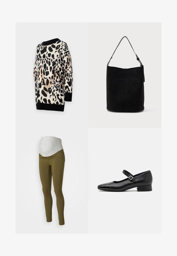 Suéter de estampado de leopardo en tonos neutros de negro, beige y crema. Presenta un escote redondo y puños y dobladillo ribeteados en negro.; Leggings de maternidad verde oliva con un panel elástico gris en la cintura, diseño ajustado y sin herrajes o bolsillos visibles.; Zapatos Mary Jane de cuero negro con puntera de charol, correa de tobillo ajustable y tacón bajo. Textura suave y diseño elegante.; Bolso de piel negra tipo cubo con una sola correa de hombro ajustable y un detalle de costura minimalista en el frente.