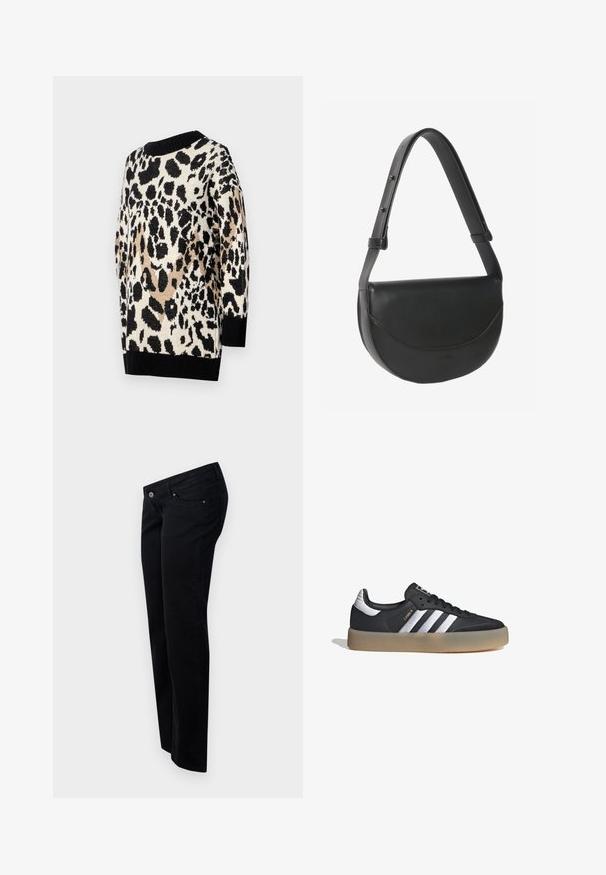Suéter de estampado de leopardo en tonos neutros de negro, beige y crema. Presenta un escote redondo y puños y dobladillo ribeteados en negro.; Vaqueros de mezclilla negra con corte recto, con cierre de botón en la parte delantera, trabillas para cinturón y cinco bolsillos. Textura suave y mate.; Zapatilla deportiva de cuero negro con tres rayas plateadas, punta texturizada y suela de goma. Cuenta con un collar acolchado y un diseño con cordones.; Bolso bandolera de cuero negro en forma de media luna con correa ajustable y cierre con solapa sobre fondo blanco.