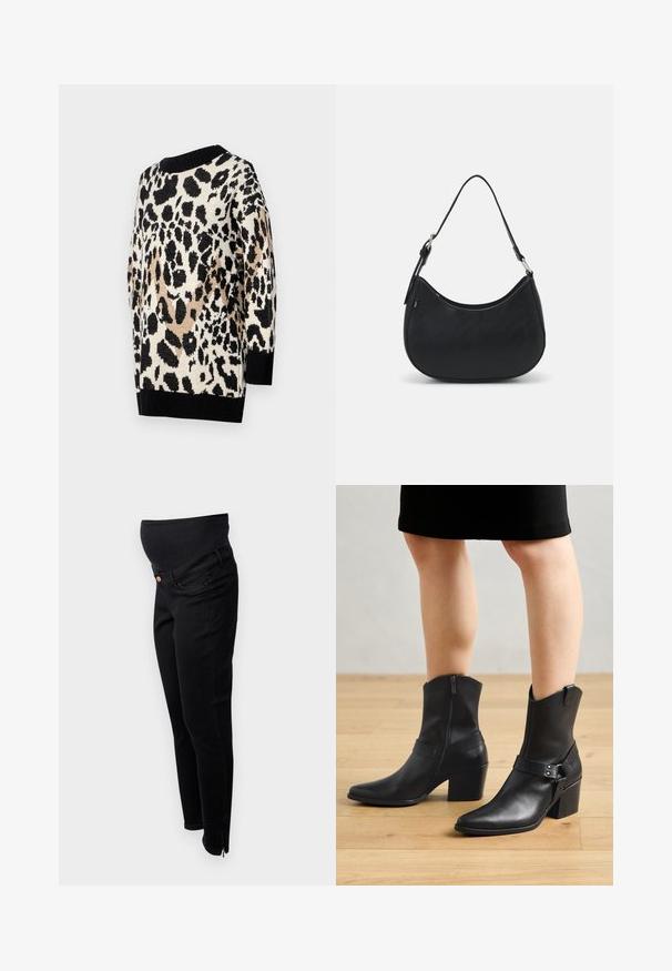 Luipaardprint trui in neutrale tinten van zwart, beige en room. Heeft een ronde halslijn en ribgebreide zwarte manchetten en zoom.; Zwarte zwangerschapsjeans met een rekbare tailleband over de buik, slim fit, enkelritsen en een klassieke vijf-pocketontwerp. Zachte denim structuur.; Zwarte leren enkellaarzen met een puntige neus, ritssluiting, gebogen hak en een decoratieve band met metalen accenten.; Zwarte hobo tas van soepel leer met een gebogen silhouet, voorzien van een enkele verstelbare schouderriem en minimalistische ontwerpdetails.