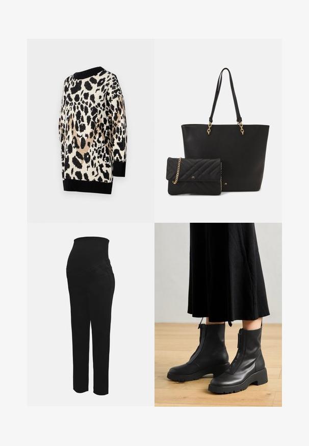 Suéter de estampado de leopardo en tonos neutros de negro, beige y crema. Presenta un escote redondo y puños y dobladillo ribeteados en negro.; Pantalones de maternidad negros con una cinturilla alta elástica diseñada para apoyar una barriga de embarazada, con corte recto y bolsillos frontales.; Botas de tobillo de cuero negro con suela de plataforma gruesa y cremallera delantera. Textura suave con un diseño minimalista.; Bolso tote de cuero sintético negro con dos asas resistentes y detalles en dorado, acompañado de un pequeño clutch negro acolchado con una correa de cadena.
