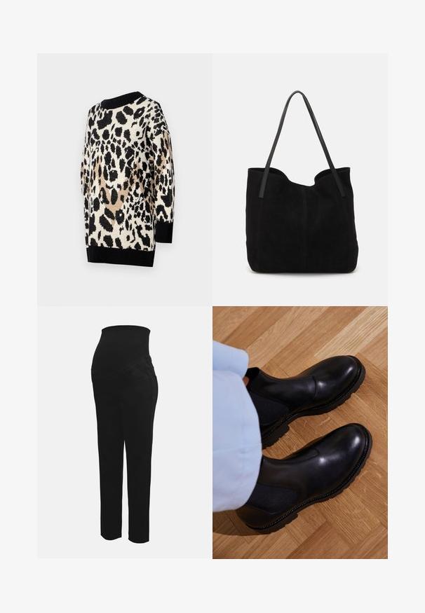 Pull en imprimé léopard dans des tons neutres de noir, beige et crème. Il présente un col rond et des poignets et un ourlet côtelés noirs.; Pantalons de maternité noirs avec une taille haute extensible conçue pour soutenir un ventre de femme enceinte, coupe droite et poches avant.; Bottines noires en cuir lisse avec des panneaux latéraux élastiques, une semelle en caoutchouc texturé et des coutures contrastantes le long du bord.; Sac fourre-tout en suède noir avec deux longues anses en cuir plates. Présente un bord supérieur incurvé et des coutures visibles sur le devant. Pas d'accents en métal.