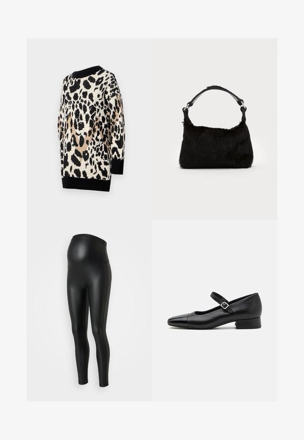 Leopardprint sweater i neutrale nuancer af sort, beige og creme. Har en rund halsudskæring og ribbede sorte manchetter og kant.; Sorte graviditetsleggings med en glat, blank overflade. Høj talje design, der tilpasser sig en voksende mave. Stretchstof for komfort og pasform.; Sorte læder Mary Jane-sko med en patenttå, justerbar ankelrem og lav blokhæl. Glat tekstur og strømlinet design.; Sort faux fur håndtaske med en blød tekstur, rund form og en robust skulderrem i sort læder. Synlige sølvhardware-detaljer.