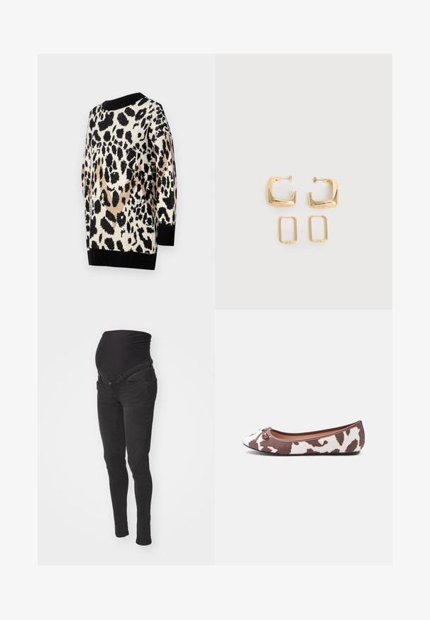 Leopardprint sweater i neutrale nuancer af sort, beige og creme. Har en rund halsudskæring og ribbede sorte manchetter og kant.; Sorte graviditetsjeans med en blød, strækbar talje, slim-fit design og to frontlommer. Fremstillet af denim med en glat overflade.; Brun- og hvid ko-print balletflat med rund tå og lille sløjfedetalje på lys grå baggrund.; To par guldfarvede geometriske hoop-øreringe på en ensfarvet hvid overflade, et par firkantede og solide, et par rektangulære og hule.