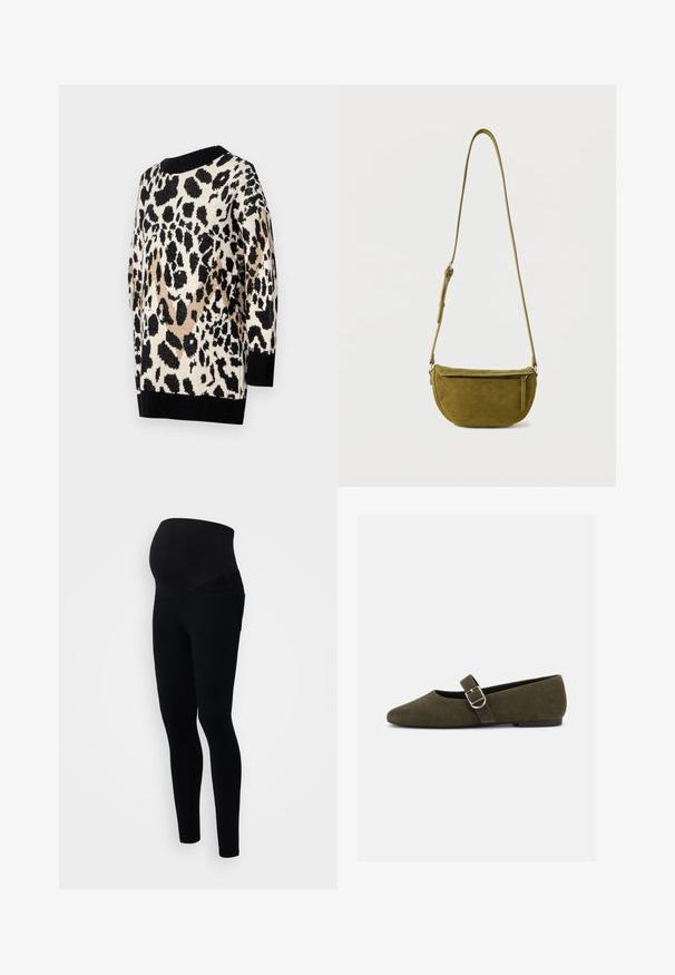Pull en imprimé léopard dans des tons neutres de noir, beige et crème. Il présente un col rond et des poignets et un ourlet côtelés noirs.; Leggings de maternité noirs avec une taille haute pour le soutien, un design ajusté et un tissu doux et extensible pour plus de confort.; Chaussure plate Mary Jane en daim vert olive avec bride à boucle argentée et bout arrondi, présentée sur fond blanc.; Sac bandoulière en daim vert olive avec sangle réglable et poche avant zippée sur fond blanc uni.