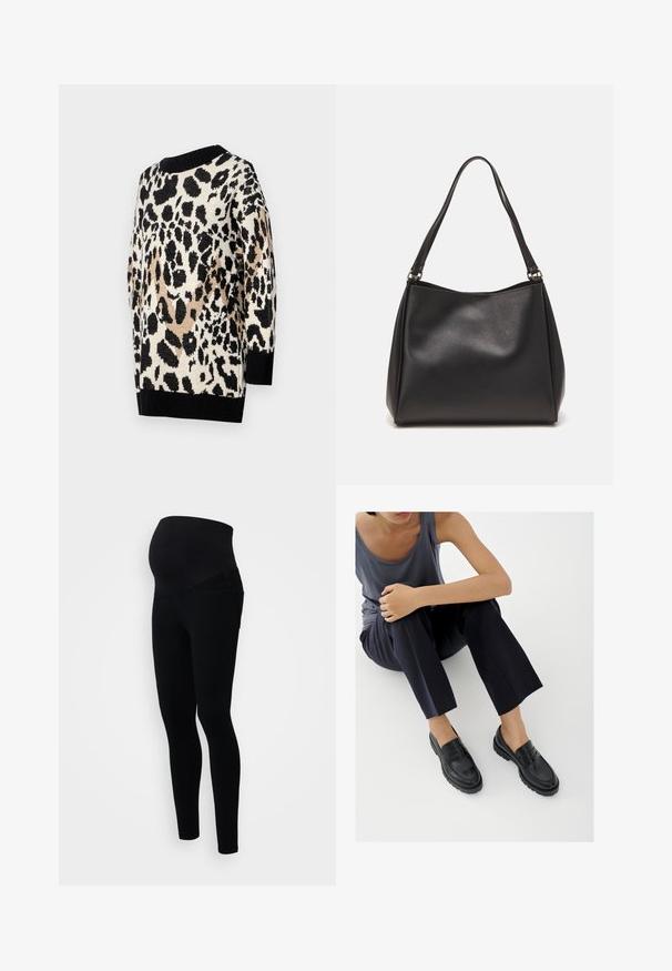 Leopardprint sweater i neutrale nuancer af sort, beige og creme. Har en rund halsudskæring og ribbede sorte manchetter og kant.; Sorte graviditetsleggings med høj talje for støtte, tætsiddende design og blødt, strækbart stof for komfort.; Sorte læderloafers med teksturerede detaljer, lav hæl, rund tå og synlige syninger. Modellen bærer mørke bukser og en grå top.; Sort syntetisk lædertaske med blød tekstur, hobo-form og dobbelte skulderremme; har en blank overflade og minimalistisk design.