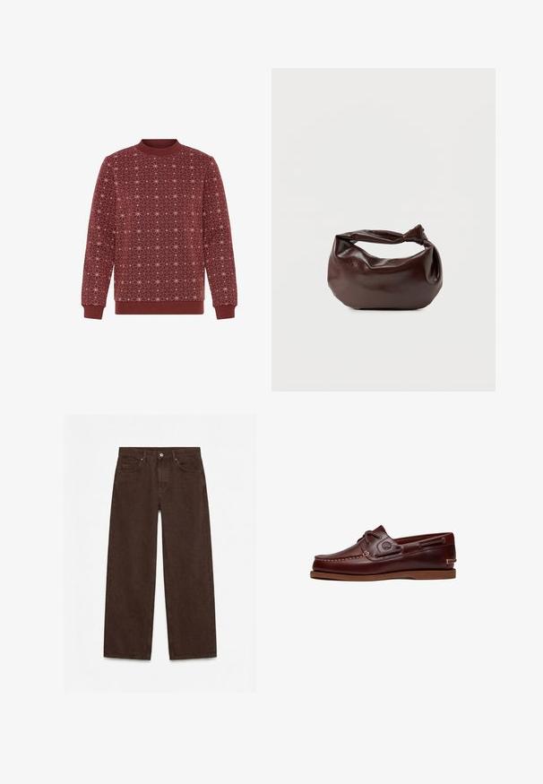 Bordeaux sweatshirts med et geometrisk hvidt stjernes mønster. Ribbet rund halsudskæring og manchetter. Blød tekstur og afslappet pasform.; Mørkebrune bukser med høj talje og lige ben, med forreste knap, lynlås, bæltestropper og design med fem lommer.; Brun læder bådsko med snørre, syningsdetaljer og Timberland-logo på siden, vist på en hvid baggrund.; Mørkebrun læder skuldertaske med en blød, afslappet form og et snoet knudehåndtag på en ensartet hvid baggrund.