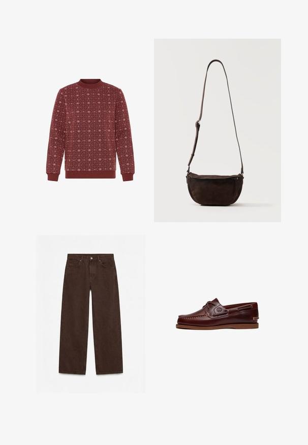 Burgunderfarbenes Sweatshirt mit einem geometrischen weißen Sternmuster. Rippkragen und -bündchen. Weiche Textur und lockere Passform.; Dunkelbraune High-Waist Straight-Leg-Hose mit Vorderknopf, Reißverschluss, Gürtelschlaufen und Fünf-Taschen-Design.; Brauner Leder-Bootsschuh mit Schnürsenkeln, Nahtdetails und Timberland-Logo an der Seite, auf weißem Hintergrund gezeigt.; Dunkelbraune Wildleder-Umhängetasche mit verstellbarem Riemen und vorderer Reißverschlusstasche, vor einem schlichten hellen Hintergrund stehend.