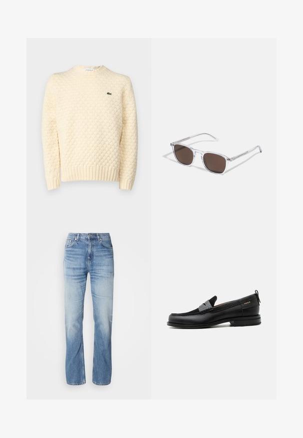 Suéter de punto color crema con un patrón de diamante texturizado, puños y dobladillo acanalados; incluye un pequeño logo verde de Lacoste en el pecho.; Jeans de mezclilla azul claro con corte recto, acabado desgastado, cinco bolsillos y cierre de botón. Diseño clásico y grosor medio.; Mocasín de cuero negro con detalle de tira gris, tacón bajo y suela texturizada, con la marca "HUGO" en oro en el lateral.; Gafas de sol de plástico transparente con lentes marrones rectangulares, que cuentan con finas varillas transparentes y acentos metálicos en las patillas.