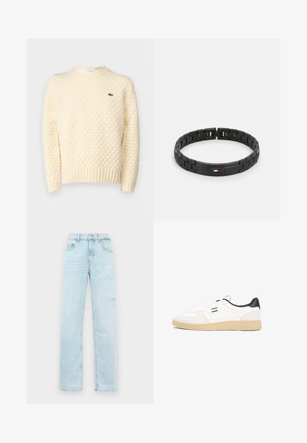 Suéter de punto color crema con un patrón de diamante texturizado, puños y dobladillo acanalados; incluye un pequeño logo verde de Lacoste en el pecho.; Jeans rectos de talle alto en azul claro con ligero desgaste en los muslos y un clásico diseño de cinco bolsillos.; Zapatilla deportiva de cuero blanco con talón negro, cierre de cordones, detalles perforados en la parte superior y suela de goma color canela. Presenta acentos con el logo.; Tommy Hilfiger BRACELET - Pulsera - black