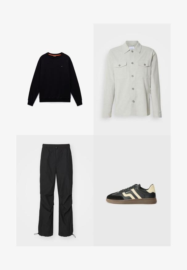 Sort langærmet sweatshirt med rund hals, ribkanter ved ærmer og forneden, lille logo på venstre bryst og orange kantbånd i halsen indvendigt.; Lys grå knap-up skjorte, lavet af tekstureret stof, har en krave, to brystlommer og fem frontknapper.; Sorte, letvægtige træningsbukser med elastisk talje, lynlåsdetaljer og justerbare manchetter; har en løs pasform og en glat tekstur.; Sorte og beige sneakers med en glat læderoverdel, ruskind på tåen og en struktureret brun gummisål. Har kontrasterende striber.