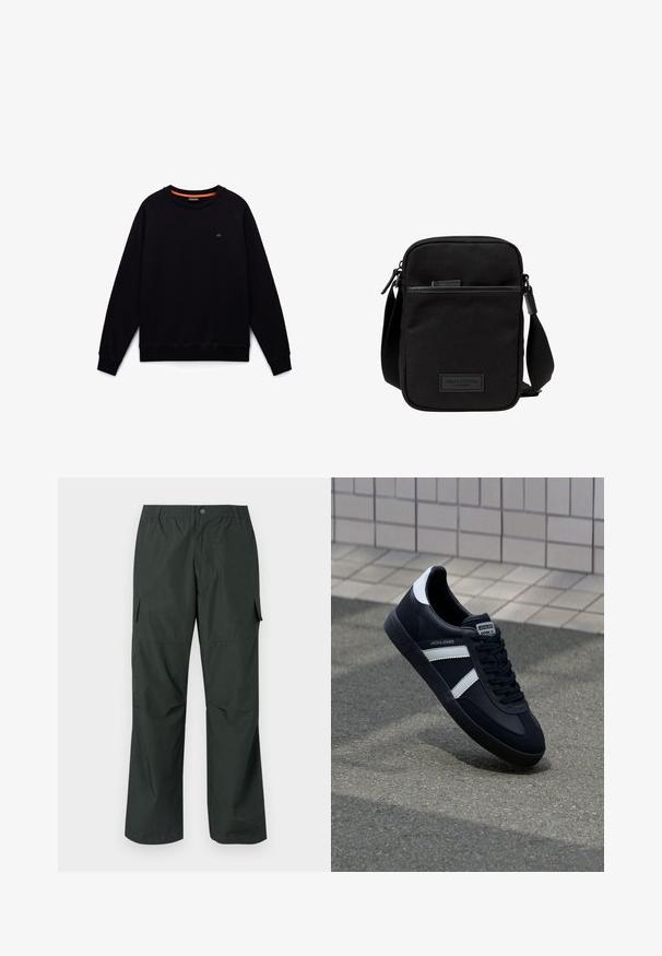 Sudadera negra de manga larga con cuello redondo, puños y bajo acanalados, pequeño logotipo en el pecho izquierdo y ribete naranja en el interior del cuello.; Pantalones cargo verde oscuro con un corte relajado, cintura elástica, bolsillos cosidos y una textura de tela suave y ligera.; Zapatilla de cuero negra con rayas blancas, suela de goma texturizada y parte frontal con cordones. Cuenta con una etiqueta de marca en la lengüeta.; Bolso cruzado de tela negra con un compartimento principal con cremallera, acentos de cuero, bolsillo frontal y strap ajustable. Logo de Marc O'Polo visible.