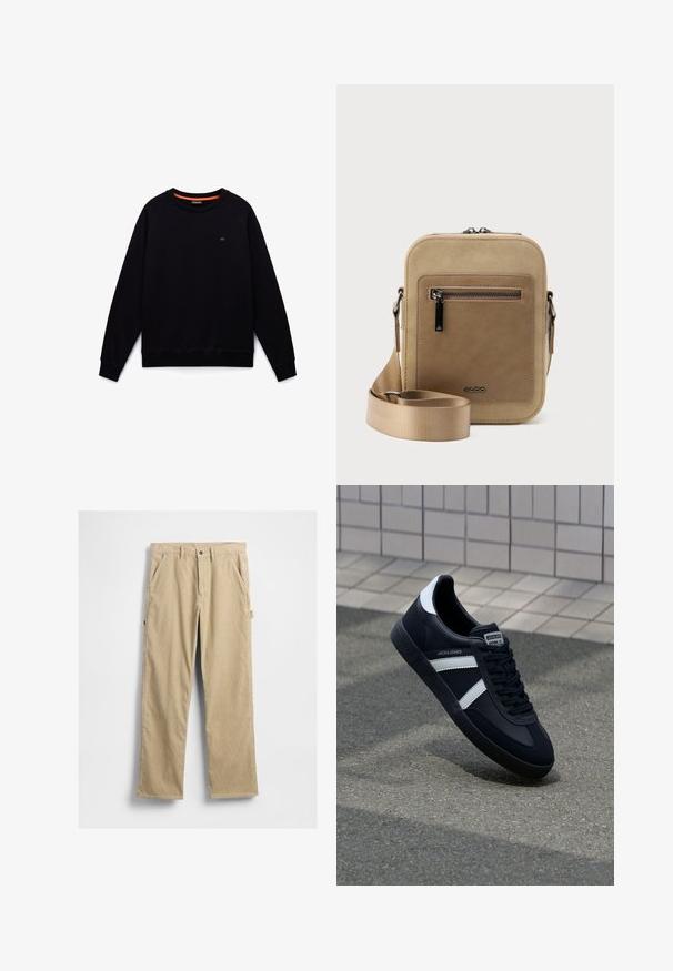 Sort langærmet sweatshirt med rund hals, ribkanter ved ærmer og forneden, lille logo på venstre bryst og orange kantbånd i halsen indvendigt.; Beige kordfløjlsbukser med lige ben, forlommer og knaplukning. Har en sidelomme og tekstureret stof.; Sort lædersneaker med hvide striber, tekstureret gummisål og snørrebånd foran. Har et brandet mærke på tungen.; Lille beige crossbody-taske med lynlåslomme foran, metal ALDO-logo, justerbar bred rem og rundet rektangulær form på hvid baggrund.
