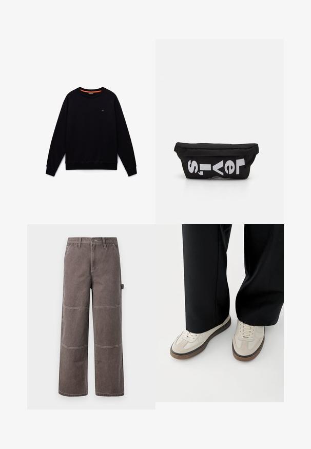Zwarte sweater met lange mouwen en ronde hals, geribde boorden onderaan en aan de mouwen, klein logo op de linkerborst en oranje bies aan de binnenkant van de halslijn.; Wijd been broek in een vervaagde bruine kleur, gemaakt van duurzaam materiaal met contrasterende stiksels. Kenmerkt paneeldetails en een zijzak.; Voeten met beige sneakers met bruine zolen en zwarte wijde broekspijpen op een witte achtergrond.; Zwarte stoffen tas met een platte vorm, voorzien van vet witte tekst. De ritssluiting bevindt zich aan de bovenkant, met een lus-detail aan één kant.