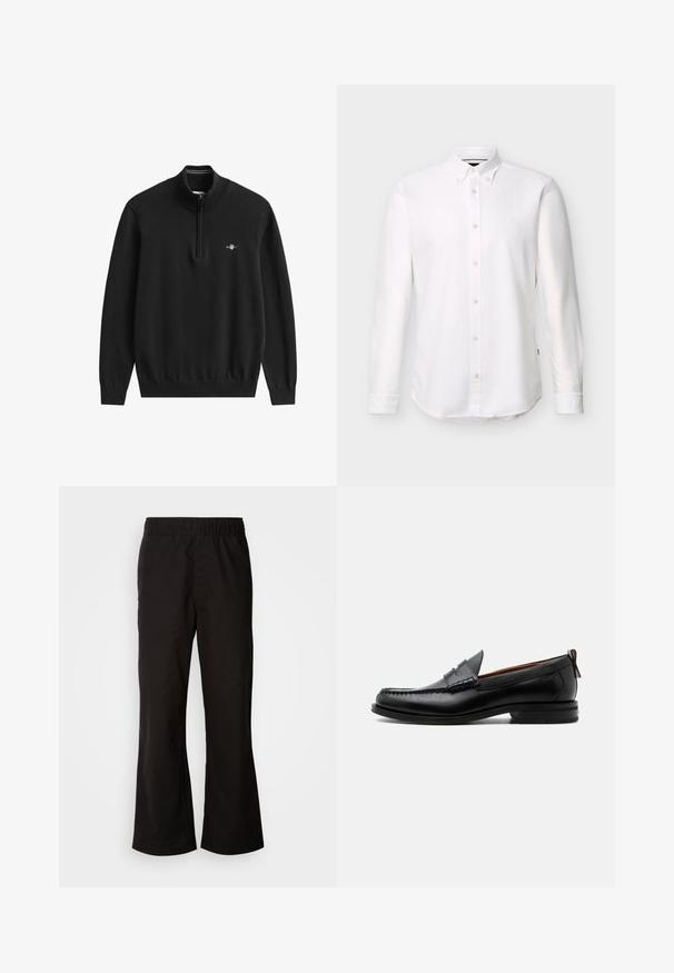 Must neljandiku lukuga pullover, valmistatud pehmest kudumkangast. Omab soonikkoes kraed, varrukaid ja allääre ning väikest logo rinnal.; Valge pikkade varrukatega nööbitav särk nööbitava kraega ja väikese tikitud logoga vasakul rinnal.; Mustad mustriga elastse vöökoha ja laieneva vormiga püksid, valmistatud siledast puuvillast kangast. Omab lihtsat disaini ja sirgeid jalaotsi.; Mustast nahast meeste mokasiin, millel on moc varbaõmblus, penny rihm, tekstuuriga krae ja madal virnastatud konts valgel taustal.
