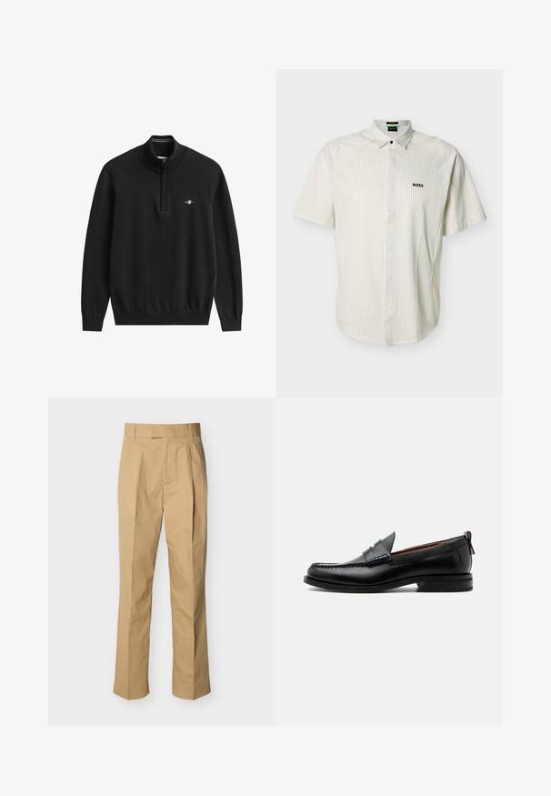 Zwarte pullover met kwartritssluiting, gemaakt van zachte gebreide stof. Voorzien van een geribde kraag, manchetten en zoom, met een klein logo op de borst.; Korte mouwen hemd met kraag, beige strepen, knoopsluiting en een "BOSS"-logo geborduurd op de linkerborst.; Beige broek van glad katoen met een hoge taille, voorzien van plooien aan de voorkant en rechte pijpen. Geen zichtbare hardware of patronen.; Zwarte leren herensloffen met moc toe stiksel, pennyriem, gestructureerde kraag en lage gestapelde hak op witte achtergrond.