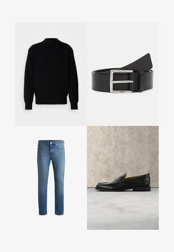 Schwarzer gerippter Strickpullover mit hohem Kragen, langen Ärmeln und lockerer Passform. Der Stoff zeigt ein strukturiertes Muster über die gesamte Oberfläche.; Hellblaue Jeans aus Denim mit regular Fit, glatter Textur, Fünf-Taschen-Design und einem Reißverschluss mit Knopfverschluss.; Schwarzer Herren-Slipper aus Leder mit einer krokogeprägten Vorderkappe und einem niedrigen Absatz, im Profil vor neutralem Hintergrund gezeigt.; Schwarzer Ledergürtel mit einer rechteckigen silbernen Schnalle, verfügt über dezente Markenkennzeichnung und eine glatte Textur. Die Enden laufen zu einer abgerundeten Form zu.