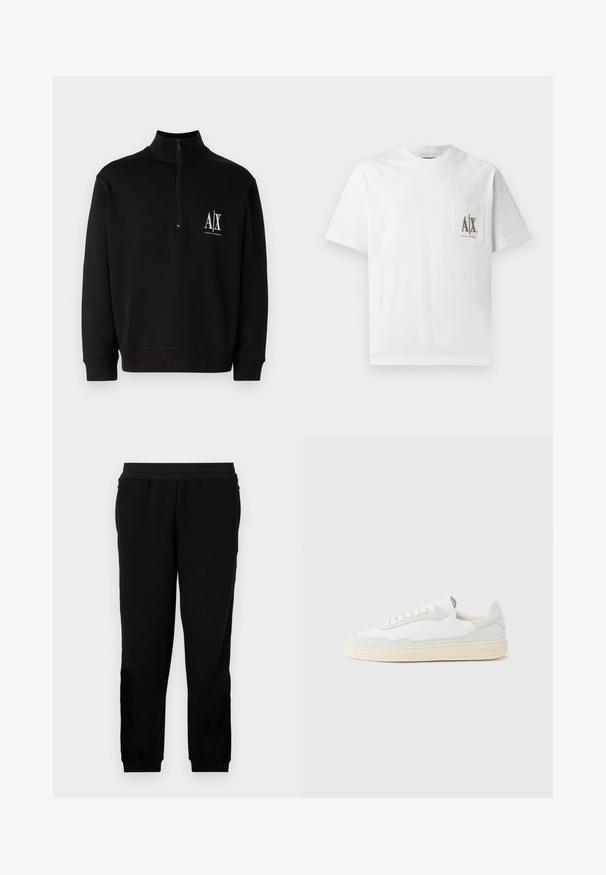 Schwarzer Reißverschluss-Hoodie aus Baumwollmischung. Verfügt über einen hohen Kragen, gerippte Bündchen und ein kleines weißes Logo auf der linken Brust.; Weißes Baumwoll-T-Shirt mit kurzen Ärmeln, einem Rundhalskragen und einer linken Brusttasche mit einem gestickten "A|X"-Logo in Braun.; Schwarze Sweatpants aus einem weichen Material, mit elastischem Bund, eng anliegenden Bündchen und Seitentaschen für zusätzlichen Komfort.; Weißer Sneaker mit strukturiertem Obermaterial aus Wildleder und Leder. Verfügt über eine runde Zehenpartie, Schnürverschluss und eine kontrastierende beige Gummisohle.
