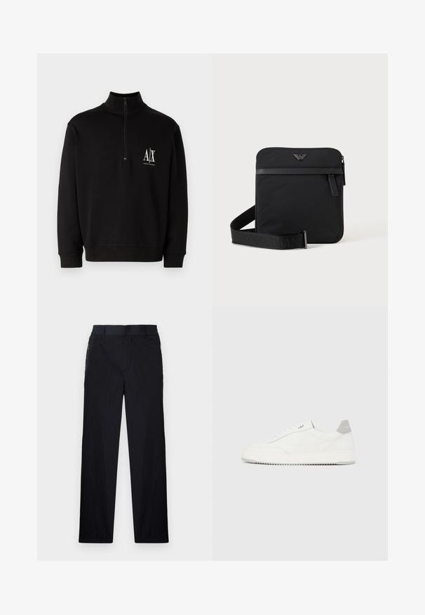 Zwarte rits-sweatshirt gemaakt van een katoenmix. Voorzien van een hoge kraag, ribgebreide mouwen en een klein wit logo op de linkerkant van de borst.; Zwarte broek van een lichtgewicht, gestructureerde stof, met een recht model, elastische Tailleband en zijzakken met rits.; Witte lage sneaker met grijze hielpatch, witte veters en een gestructureerde zool, gepresenteerd op een effen lichte achtergrond.; Zwarte vierkante schoudertas met ritssluiting, voorvak en verstelbare band met geperste merknaam.