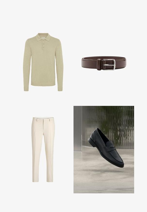 Suéter de polo de manga larga color beige, hecho de tela de punto acanalado, con una tapeta de tres botones y puños y dobladillo acanalados. Diseño de cuello clásico.; Pantalones beige a medida para hombre con trabillas para cinturón, pliegue delantero y corte ajustado y recto.; Zapato tipo mocasín de cuero negro con acabado liso, punta puntiaguda y detalles cosidos en la pala. Tacón bajo y diseño minimalista.; Cinturón de cuero marrón con hebilla rectangular plateada y bordes cosidos, enrollado en forma de círculo sobre un fondo blanco.